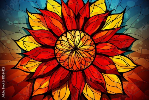 Vibrant mandala background with stained glass effect in primary colors for artistic design