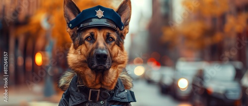 A German Shepherd dog dressed in a police costume stands alert on a city street, framed by autumn leaves. photo