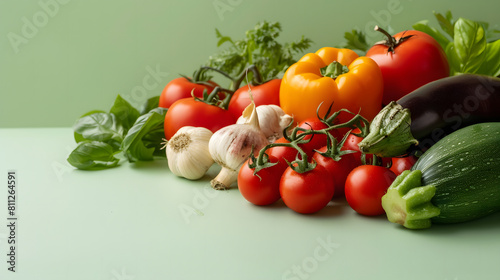 a pile of vegetables on a light green background with copy space