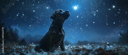 A black dog gazes upward, captivated by the sparkling stars of a winter night sky, surrounded by a mystical, snowy landscape. photo