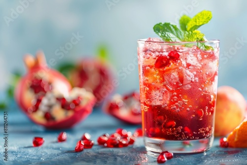 Refreshing pomegranate juice with ice, mint, served on a table