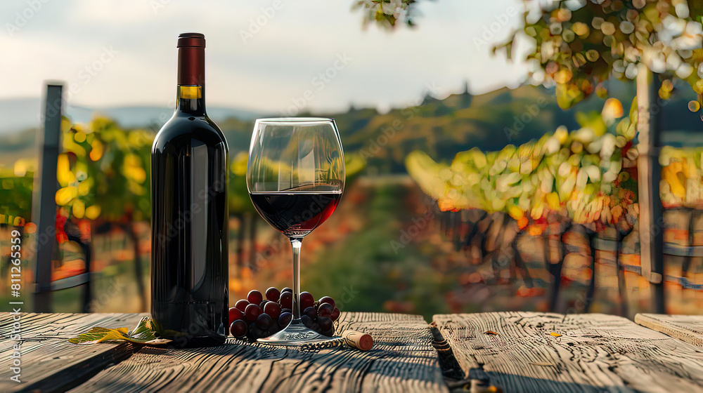 Obraz premium A bottle of red wine and a glass of wine stand on an old table, against the backdrop of the sunset. A bottle and glass of red wine against the backdrop of a vineyard.