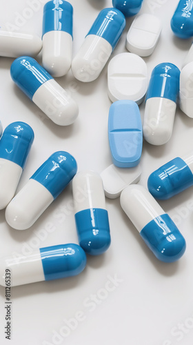Blue and white capsules scattered on a white surface.