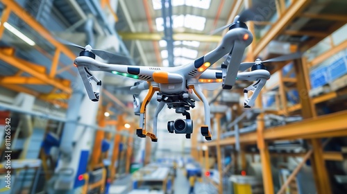 A flying drone with a camera, in an industrial warehouse.
