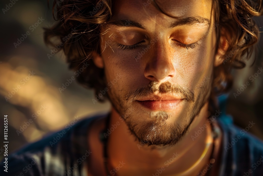 Close up of a man with his eyes shut in a moment of calm, A man with a sense of calm and inner peace Close up of a man with his eyes shut in a moment of calm, A man with a sense of calm and inner peace