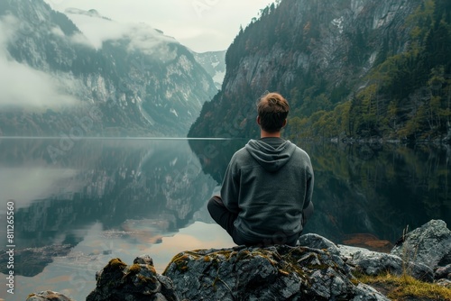 Fototapeta Naklejka Na Ścianę i Meble -  A man sits on a rock, gazing at a mountain lake with a calm demeanor, A man with a sense of calm and inner peace