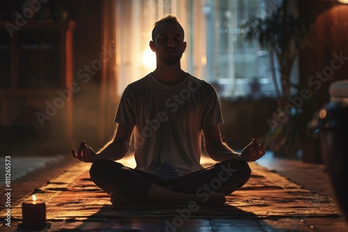 A man sits in a lotus position with a candle in front of him, embodying tranquility and focus, A man with a sense of calm and inner peace