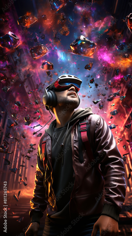 Immersive Gaming Adventure: A person wearing a VR headset and controllers, fully engaged in an immersive gaming experience, surrounded by virtual elements.