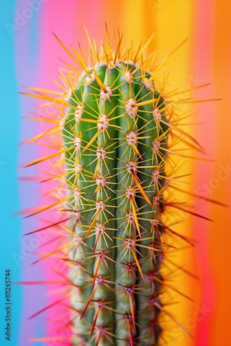 Cactus with sharp thorns on a background of colorful rainbow stripes.