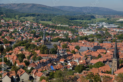 The beautiful fairytale Wernigerode and its picturesque colorful half-timbered houses. Medieval street with half-timbered houses.