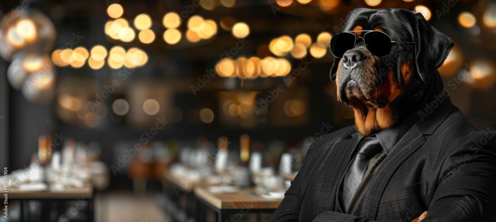 Stylish canine in sunglasses and formal attire on blurred background with copy space Stylish canine in sunglasses and formal attire on blurred background with copy space