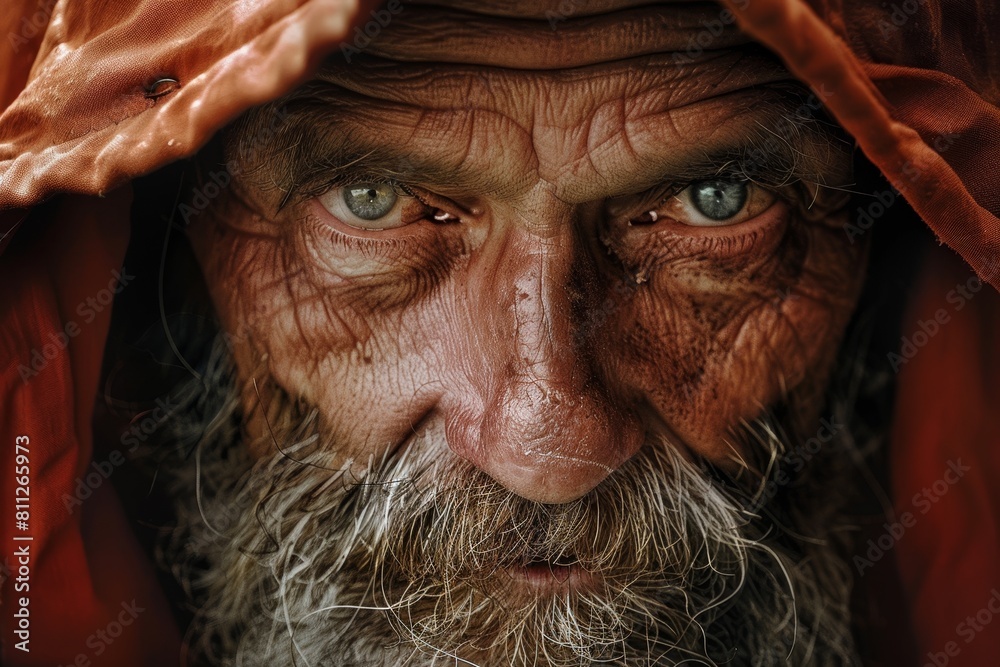 A close-up view of a man with a beard and blue eyes, A man with a weathered face and wise eyes A close-up view of a man with a beard and blue eyes, A man with a weathered face and wise eyes