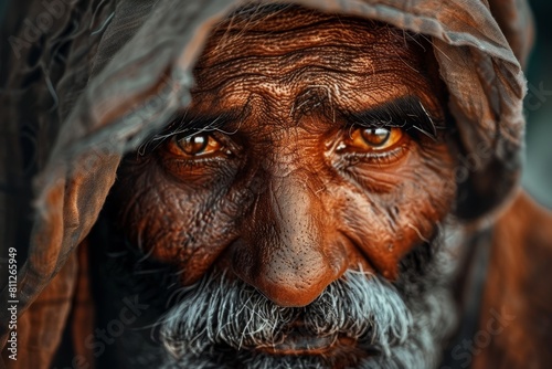 A man with a beard and weathered face looking directly at the camera  A man with a weathered face and wise eyes