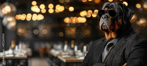 Stylish canine in sunglasses and formal attire on blurred background with copy space photo