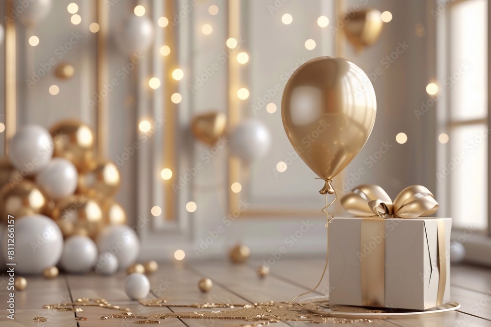 Happy birthday gold surprise balloon and box with copy space Happy birthday gold surprise balloon and box with copy space