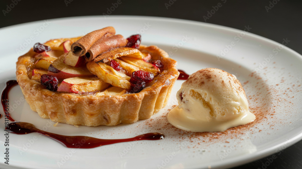 Estonian apple tart with vanilla ice cream and berry sauce, presented on a white plate with cinnamon stick garnish Estonian apple tart with vanilla ice cream and berry sauce, presented on a white plate with cinnamon stick garnish