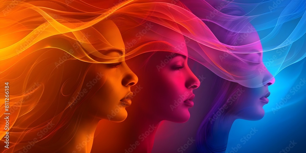 Abstract wallpaper featuring diverse color palette and feminist themes celebrating strong females. Concept Feminist Art, Abstract Wallpaper, Colorful Palette, Strong Females, Empowerment