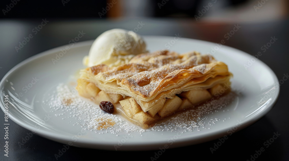 Scrumptious estonian apple cake paired with a scoop of vanilla ice cream, an ideal dessert or indulgent treat