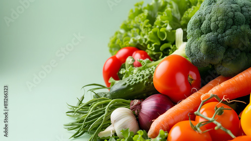 Assorted vegetables form a colorful pile against a serene light green backdrop, leaving room for text