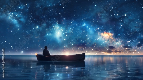 Fototapeta Naklejka Na Ścianę i Meble -  A lonely boat in water in lake with starring night sky.