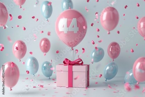 Happy 44 birthday gold surprise balloon and box with copy space