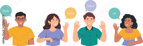 Foto Diverse smiling people  say hello on different foreign languages and waving hands
