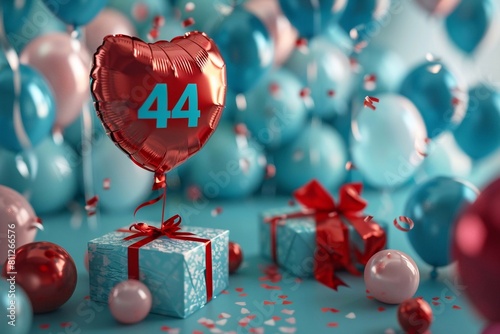 Happy birthday 44 surprise balloon and box with copy space