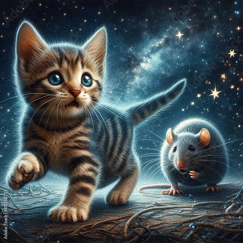 A small frightened kitten is running away from a big smooth mouse