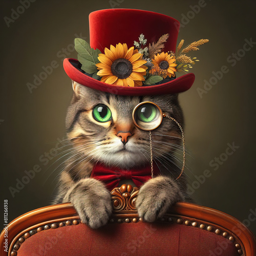 A cat in a pince-nez and a hat decorated with flowers peeks out from behind a chair