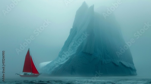 A sailing boat and a giant iceberg in sea water.