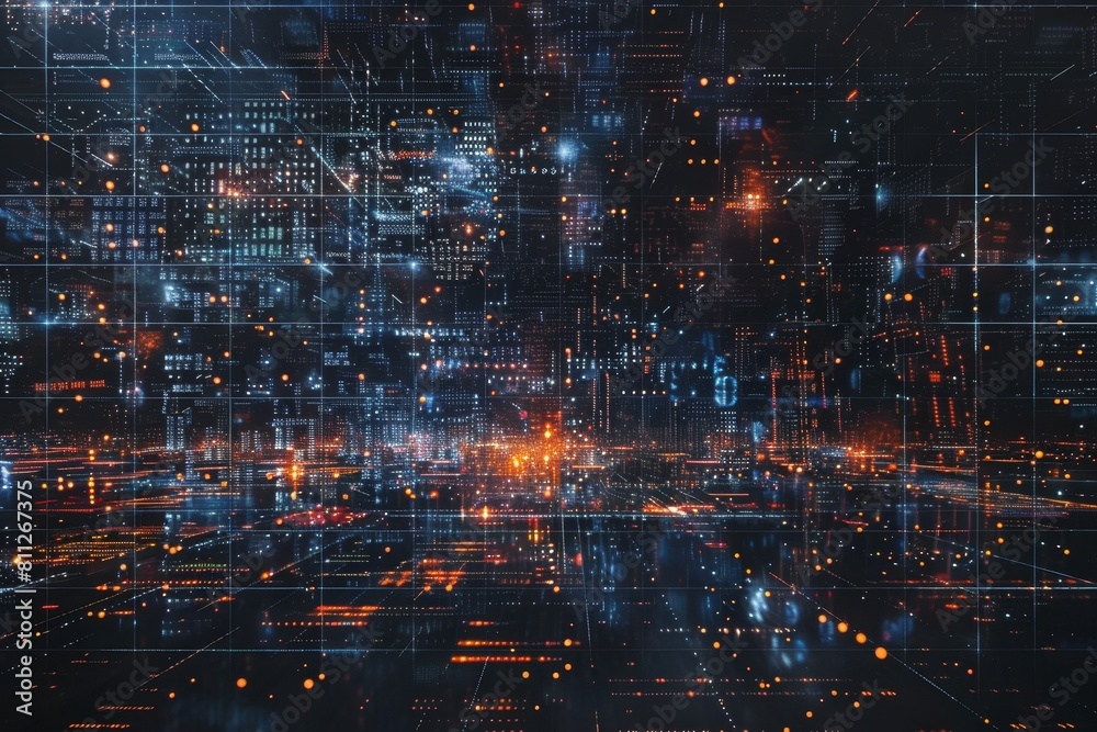 Bright Lights in a Futuristic City, a matrix-like grid of numbers and symbols forming a digital masterpiece Bright Lights in a Futuristic City, a matrix-like grid of numbers and symbols forming a digital masterpiece