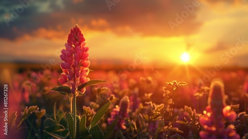A breathtaking view of lupine flowers blooming under the warm light of a setting sun, with a vivid sky casting golden hues photo