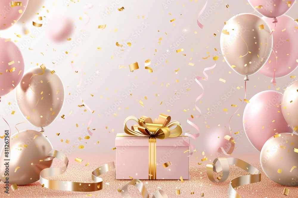 Happy Birthday card background gift box with balloons, gold and beige ...