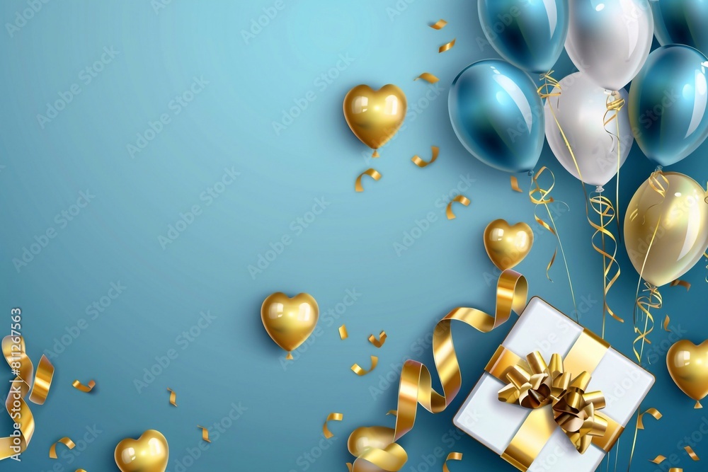 Happy Birthday card background gift box with balloons, blue and gold ...