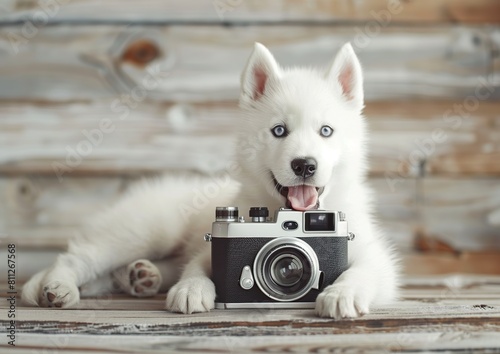 Cute siberian husky puppy with camera on wooden background photo