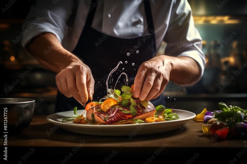 Professional chef plates a gourmet entree