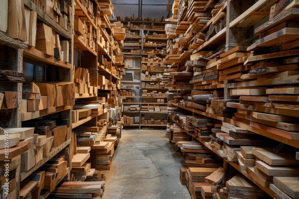 A room filled with numerous wooden boxes stacked on shelves in a maze-like arrangement, A maze of shelves filled with various types of wood A room filled with numerous wooden boxes stacked on shelves in a maze-like arrangement, A maze of shelves filled with various types of wood