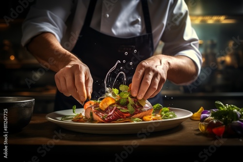 Professional chef plates a gourmet entree
