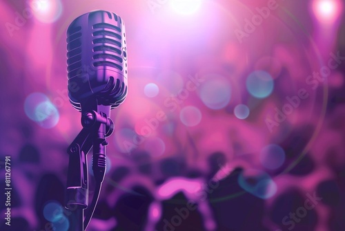 In this artistic vector design, a vintage microphone takes center stage against a backdrop of captivating musical elements, creating a dynamic and nostalgic ambiance perfect for music festivals, karao