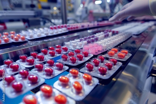 
Pharmacologist checks blister packs with medicinal capsules moving on a conveyor. Plastic package with capsule meds. Medication capsules in blisters. Pharmaceutical factory production line. Macro photo