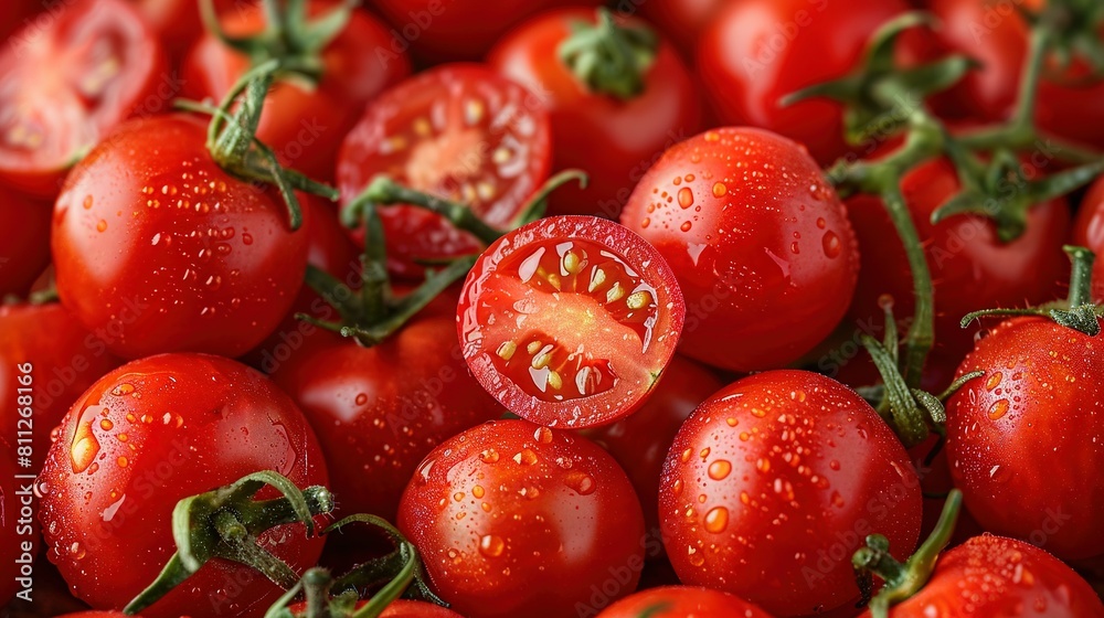 A close-up of juicy tomatoes with water droplets on both sides A close-up of juicy tomatoes with water droplets on both sides