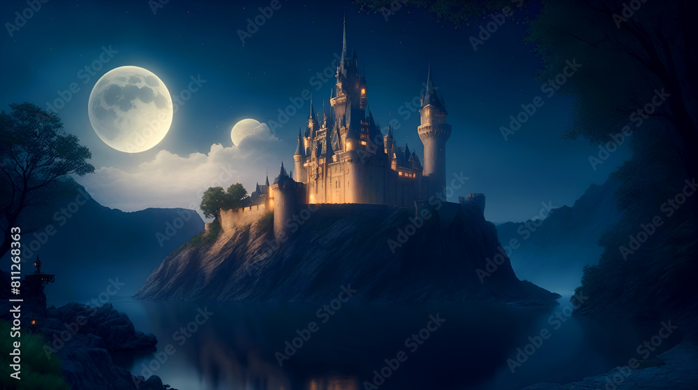 An old mysterious castle in the middle of a lake on an island at night under the light of the moon and stars