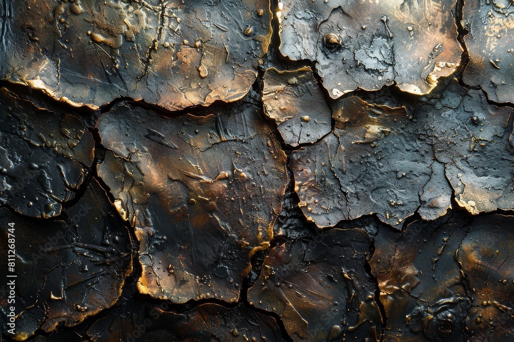 The warm glow of light accentuates the cracked and blackened paint texture, blending rust and decay in an intricate pattern The warm glow of light accentuates the cracked and blackened paint texture, blending rust and decay in an intricate pattern