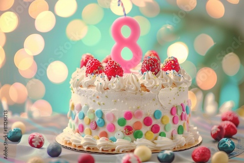 Sweet Birthday cake with number 8 on top on colorful bokeh background  8th years old happy birthday Cake  copy space  vertical photo