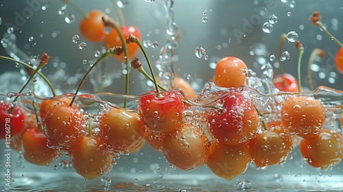 Cherry stems tossed into a container of water, making a splash AI generated