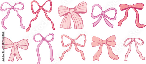 pretty feminine girly set of pink bows hand drawn with texture vector eps