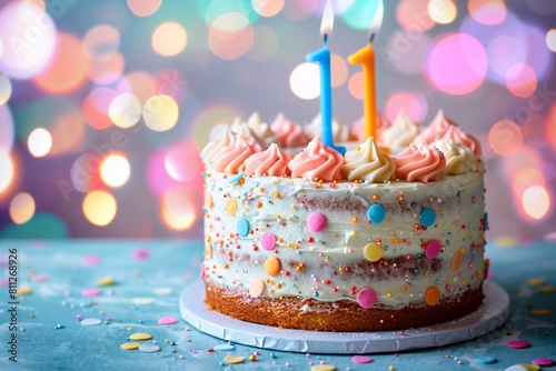 Sweet Birthday cake with number 11 on top on colorful bokeh background  11th years old happy birthday Cake  copy space  vertical photo