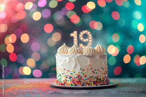 Sweet Birthday cake with number 19 on top on colorful bokeh background, 19th years old happy birthday Cake, copy space photo