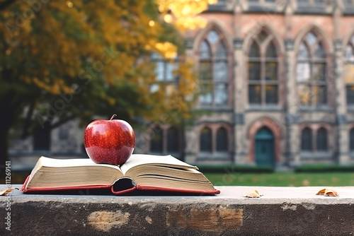 An open book and an apple on the background of an old university building photo