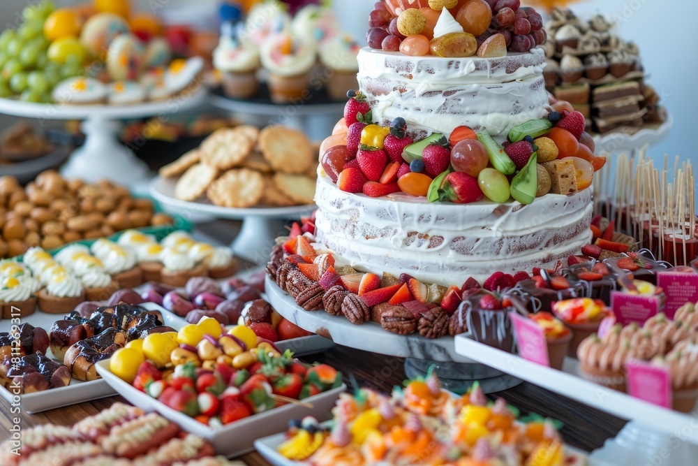Table covered in assorted desserts of different types and colors, A medley of savory and sweet treats